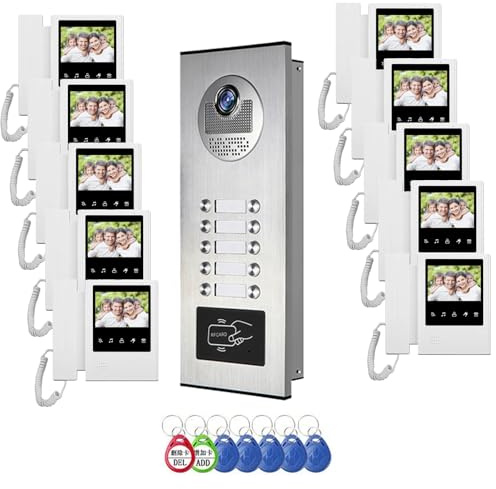 ANJIELO SMART Système d'interphone vidéo pour appartement, 10 unités avec moniteur de 10,9 cm - Kit de téléphone vidéo filaire pour intérieur et extérieur (1 sonnette + 10 moniteurs)