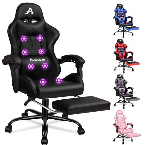 ALFORDSON Silla de Masaje para Videojuegos, Silla de Carreras con reposacabezas, Silla ergonómica de Escritorio, sillón reclinable, reposapiés Plegable, Capacidad de 180 kg, Cuero sintético, Negro