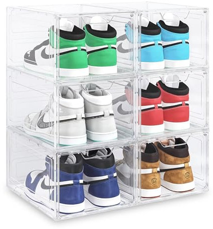 Blue Canyon Stackable Shoe Box, Interlocking Design, Plastic Shoe Storage, Magnetic Door Closure, Includes 6 Boxes, Stackable Storage Boxes, Under the Bed Shoe Storage, Ventilated Design, Clear,Small