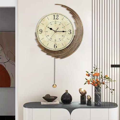 Decorative Wall Clocks with Pendulum,Silent Quality Quartz Movement Battery Operated,Vintage Wall Clock for Living Room Kitchen Home Bathroom Bedroom Wall Decor,13x22Inch,Retro Golden