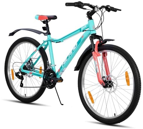 Hiland Damen Mountainbike 26/27,5 Zoll, Aluminium Rahmen 18 Gang MTB für Frauen, Damen und Mädchen Mountainbike mit Doppelscheibenbremse Federgabel, Mintgrün/Lila