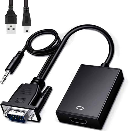 Convertidor VGA a HDMI 1080p@60Hz con Cable de Audio y Cable de Alimentación, Adaptador VGA Macho a HDMI Hembra, Compatible con Ordenadores, Proyectores, Monitores y TV