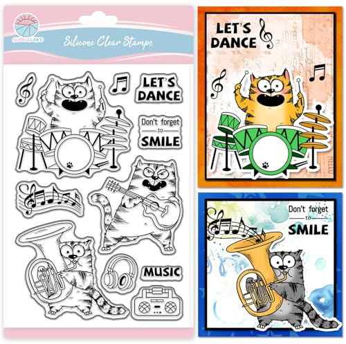 GLOBLELAND Musik-Comic-Katze klarer Stempel für Scrapbooking Cartoon-Katze Silikonstempel Noten Schlagzeug Gitarre transparenter Stempel für Kartengestaltung DIY Prägen Journaling