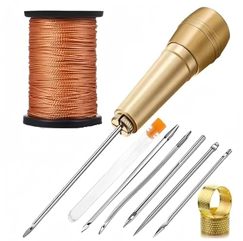 Kit Completo de Costura para Cuero - 5 Agujas de Lona, ​​Mango de Cobre, Hilo de Nailon de 50 m y dedal - Ideal para reparación de Calzado y Cuero