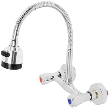 360° Rotation Adjustable Kitchen Faucet Single Lever Two Handle Wall Mounted Kitchen Tap with 2 Water Discharge Modes Brass Tap for Single Sinks and Double Washbasins for Kitchens Bathrooms