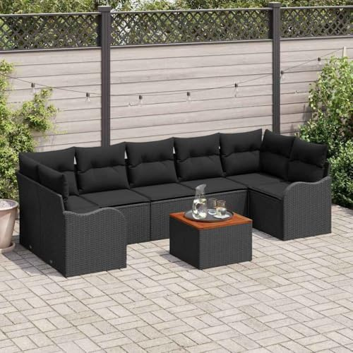 Qnhdfrt Garten Sofaset 8 Teile Schwarz Groß Modernes Design Poly Rattan Korb Holz Lounge Set für Terrasse Balkon Garten