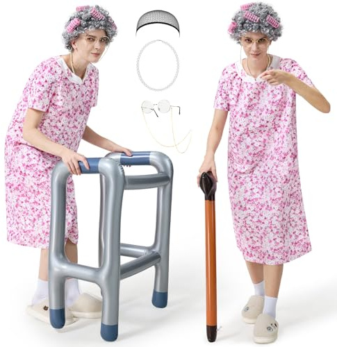 LumenVela Oma Kostüm Set, Kittelschürze Oma Set 8 Stück Old Lady Kostüm mit Gehstock, Gehhilfe, Perücke Oma, Brille, Halsketten, Haarnetz Kittelschürze Damen für Karneval, Mottoparty