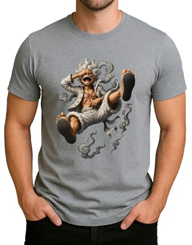One Piece Wanted Ruffy Chapeau de Paille | Monkey D. Luffy Style Gear 5 IV T-Shirt Homme, gris, L