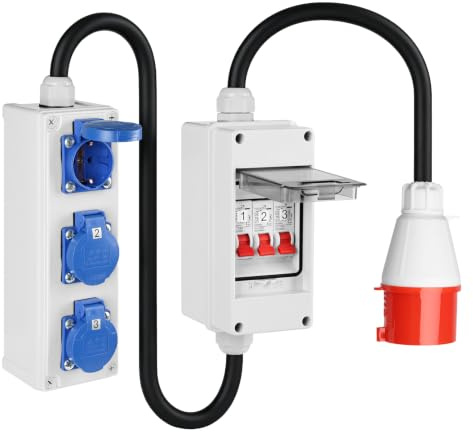 Starkstrom CEE Adapter 380V auf 220V, CEE Stecker5-pol 32A | Sicherungskasten mit 3X 16A Schuko, IP65 Sicherungskasten mit 3X 16A Leitungsschutzschalter, Gummi Starkstromkabel 1 Meter