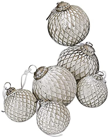 Loberon Weihnachtsschmuck 6er Set Maélys, Bauernsilber & Antik-Finish, Zarte Bemalung, Mundgeblasen, Christbaumschmuck, Weihnachtsdeko, Weihnachten, Glas, Eisen, antikweiß