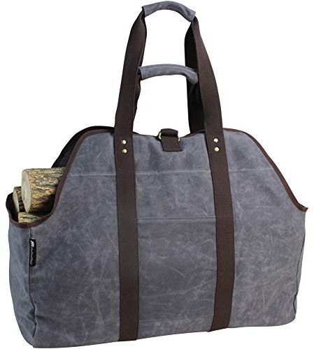 MYFIREPLACEDIRECT Waxed Canvas Log Carrier Tote Bag, Extra Large Durable Firewood Holder with Handles and Shoulder Strap, Heavy Duty Wood Carrying Bag for Fireplaces & Wood Stoves