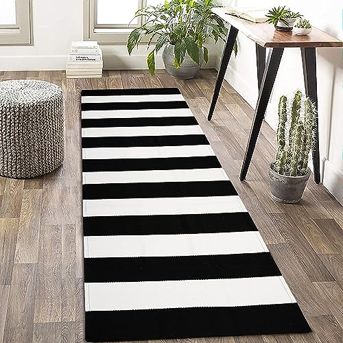 Schwarz-weiß gestreifter Teppich Läufer 61 x 182 cm gestreift Landhausläufer Flurläufer Baumwolle gewebt waschbar für drinnen und draußen Küche/Waschküche/Badezimmer/Schlafzimmer/Wohnzimmer