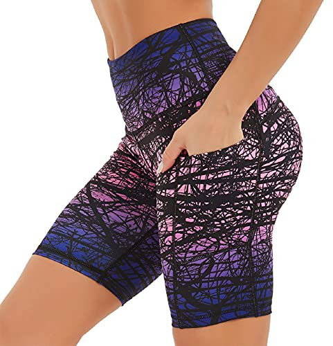 COOLOMG Damen Kurze Laufhose Yoga Shorts mit Taschen Radlerhose Sporthose Gym Fitness Workout Zweig_lila L