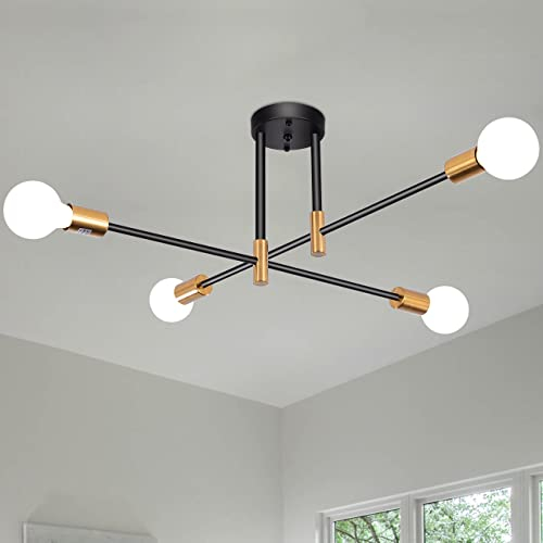 MRHYSWD Deckenleuchte Vintage, 4 Flammig Industrial Deckenlampe Schwarz Gold für Wohnzimmer Schlafzimmer KüChe Esszimmer Flur, Sputnik Kronleuchter Modern Pendelleuchte, E27 Sockel(Ohne GlüHbirnen)