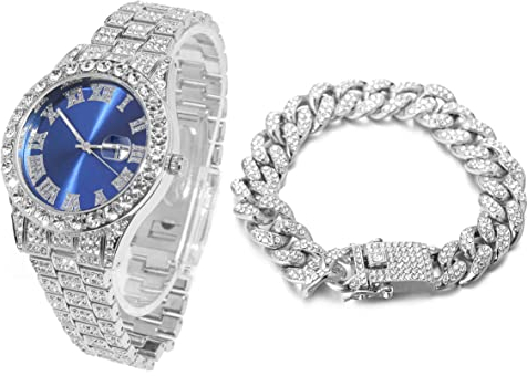 Halukakah Diamant Golduhr, Herren Platin Weiß Vergoldet 42MM Breite Blau Wählen Quarz Armband 24cm mit Kubanischer Link Kette 20cm Armband Set, mit Geschenkbox