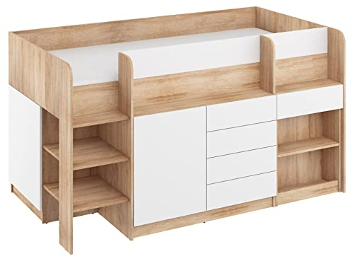 BIM Furniture Etagenbett Smile L Kindermöbel, Möbelset für EIN Kinderzimmer, EIN Bett mit Schreibtisch, Regalen, Schubladen: Linke Seite (Sonoma Eiche/Weiß), 90 x 200 cm