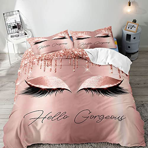 VIVIHOME 3PCS Hello Gorgeous Duvet Cover Queen Set, Luxury Rose Gold Glitter Bling Eyelash Makeup Glam Girly Fashion Bedding Set, Comforter Cover, Pink Bedroom Decor for Women Teen Girl, 2 Pillowcases