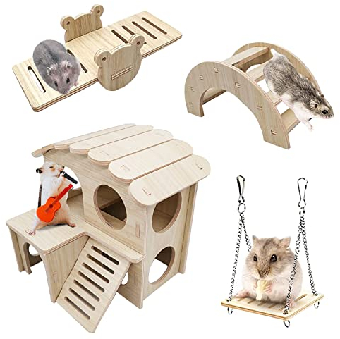 Eyksta 4 Stück Hamster Spielzeug aus Holz, Hamster Haus Brücke Wippe Schaukel Käfig Dekor Zubehör, DIY Spielplatz für Meerschweinchen Ratten Zwerghamster Goldhamster