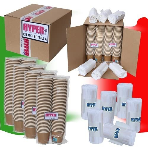 HYPER form - Kit Completo 300 Pz Bicchierini Caffè Carta 75ml + 300 Pz Palette Caffe in Betulla Incartate Singolarmente. Ecologici Biodegradabili Bicchieri caffe' (marroni)