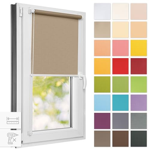 Estika Rollo für Fenster ohne Bohren - 75cm x 220cm - Dunkelbeige - 25 Stofffarben, Klemmfix Montage, Fensterrollos für innen, Sichtschutz für Fenster und Balkontür (75 cm Stoffbreite)