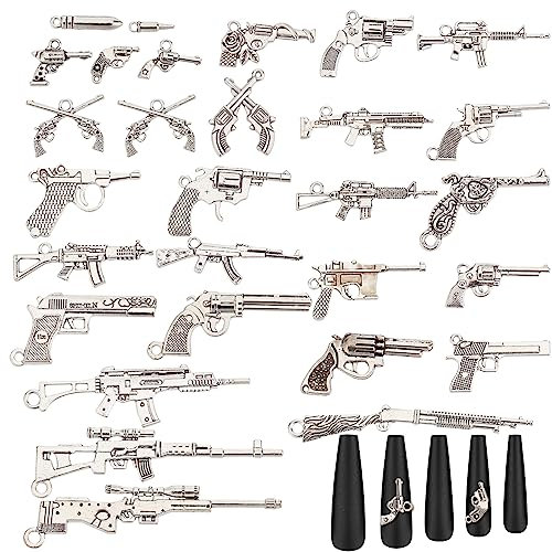 CRASPIRE Gun Charms 30pcs 30 Styles Gun Pistol Revolver Charms Pendants Craft Supplies, Silver Jewelry Findings Making Accessory for DIY Nail Art Necklace Bracelet Earrings, Alloy, alloy
