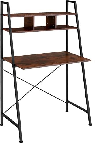 tectake® Bureau 85,5 x 46,5 x 140 cm, Étagère supérieure 3 compartiments, Table de Bureau, Style Industriel Bureaux Ordinateur Meuble pc Table de Travail Meuble Ordinateur Desk Teletravail, Bois foncé