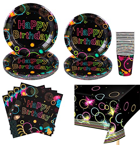 65 Stück Glow Neon Partygeschirr Set, Glow Neon Geburtstag Party Geschirr, Neon Glow in the Dark Papier Geschirr, Tischdecke Teller Becher Servietten zum Geburtstag Hochzeiten Jubiläums, 16 Gäste