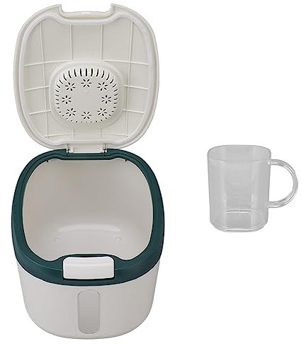 Large Capacity Food Storage Container, Rice Storage Container, Airtight Food Storage Container with Measuring Cup, Covered Rice Bucket, Cereal Dispenser Bin for Grains Nuts Flour(S Green (5kg/11.0lb))