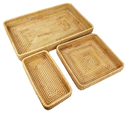 Vassoio in Rattan, Vassoio da Portata in Rattan, Vassoio Rettangolare Intrecciato, Cestini da Portata Decorativi in Vimini, Organizzazione da Tavolo Cestino Portaoggetti per(Set da 3 pezzi)