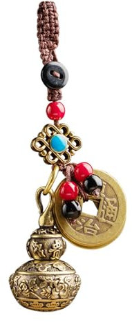 Mansiyuyee Porte-clés en forme de gourde Feng Shui avec cinq empereurs argent en laiton Wu Lou Good porte-clés porte-bonheur