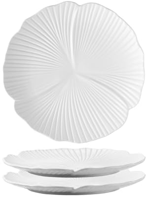 Jusalpha Juego de 3 platos de porcelana con forma de pétalo de flor de estilo japonés, platos circulares versátiles para desayuno, ensalada, cena de filete, PL019 (plato plano, 10 pulgadas, blanco)