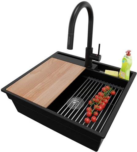 PRIMAGRAN Evier Cuisine en Granit Noir 58x53cm, Lavabo 1 bac + Robinet 40x20cm + Set d’accessoires, Évier à Encastrer al mueble 60cm - Oslo Pocket S199