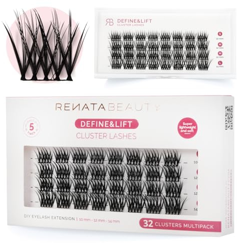 Renata Beauty Define&Lift Faux Cils en Grappe - Multipack de 32 pièces, Longueurs Mixtes (10mm, 12mm, 14mm), Courbure C, Rehausse la Ligne Naturelle des Cils, Parfaits pour le Port Quotidien