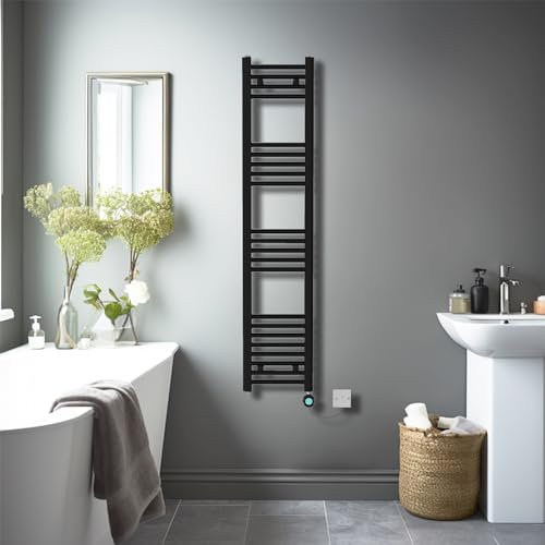 NRG Prefilled Straight Electric Heated Towel Rail Radiator Black Thermostatic Bathroom Warmer with LCD Display 1400x300mm - 800Watt