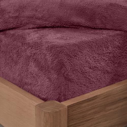 Brentfords King Size Fitted Sheets, Red Teddy Fleece Fitted Sheet Thermal Bedding Ultra Soft Fade Resistant Kingsize Bed Sheets Winter Bedding Covers, Burgundy
