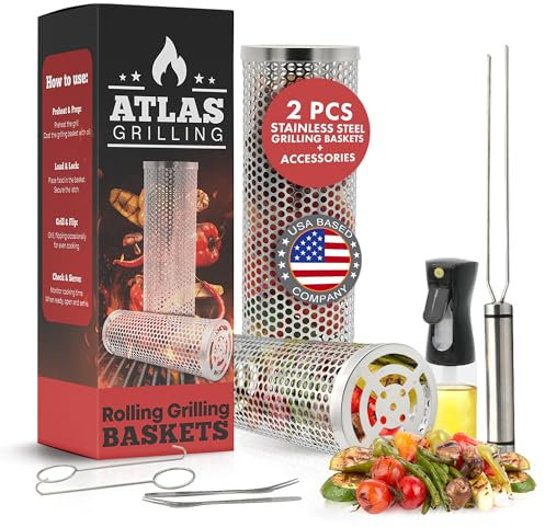 Atlas – Rollender Grillkorb: 2 Stück Edelstahl-Grillzubehör und Grillzubehör für Ihren Outdoor-Grill, perfekt für Fisch, Garnelen, Fleisch, Gemüse, Pommes – tolles Grillgeschenk für Papa