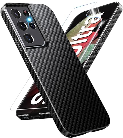für Samsung S21 Ultra Hülle Carbon [mit S21 Ultra Schutzfolie] Ultra dünn Hybrid PC Handyhülle S21 Ultra Slim Case für Samsung Galaxy S21 Ultra 5G Schutzhülle Cover Stoßfest 360 Grad Hüllen (Schwarz)