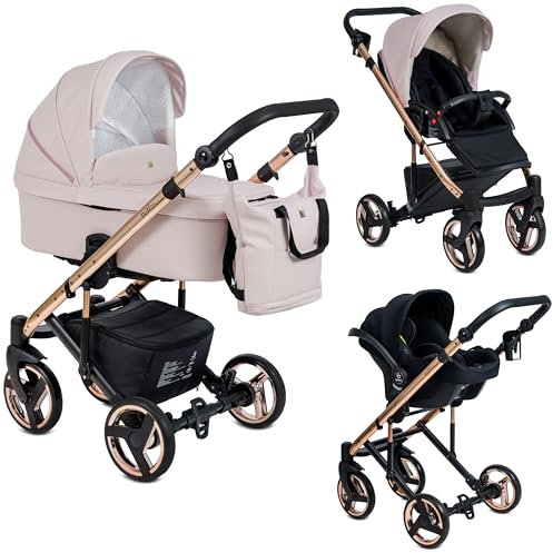 Poussette Combinée Trio 3 en 1 Neri Edition Exclusive RoseGold Smooth – Rose Pastel - Landau, poussette promenade, siège auto i-Size Groupe 0+ - Livrée avec ses accessoires.