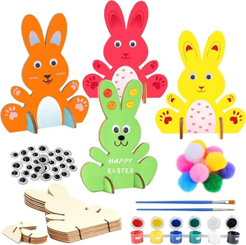 ZeYou Hasen aus Holz zum Bemalen, 10 Stück, Osterhasen, Dekoration mit bunten Pompons, Basteln, Dekoration für Osterhasen für Kinder, Ostern und Frühling zum Dekorieren