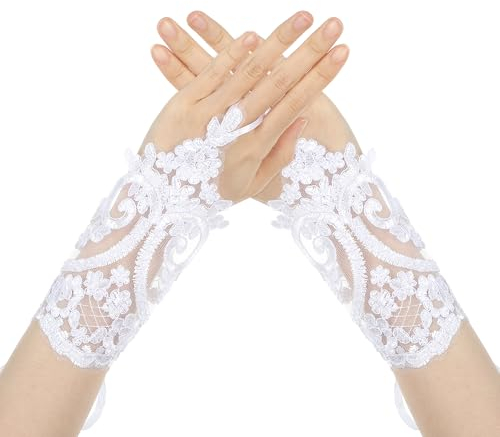 Lusofie Kurze Fingerlose Handschuhe Damen Elegante Formelle Teeparty Spitzenhandschuhe Weiß Brautbankett Abschlussballkleid Opernspitze Weiche Atmungsaktive Party Brauthandschuhe