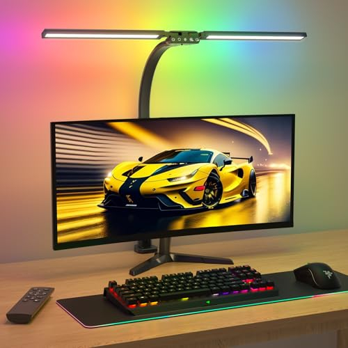 SIBRILLE RGB Doppelkopf Schreibtischlampe LED dimmbar, 22W 80CM Klemmbare Tageslichtlampe mit Fernbedienung, drehbare Tischlampe Augenschutz Schwanenhals Büro Monitorlampe (5 Farbtemperaturen)