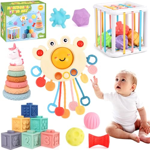 Perbabe Baby Spielzeug für 6 bis 12 Monate - 26 Stücke Montessori Babyspielzeug mit Krabbe, Stapelspielzeug, Quetschbällen, Beißring, Bausteinen - Geschenk für Babys ab 6 Monaten