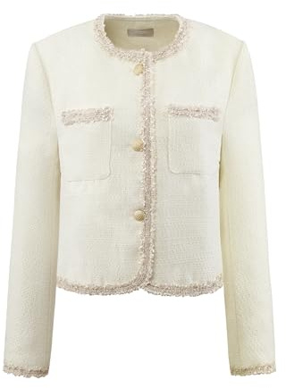 Hobemty Damen Tweed-Blazer, Knopfleiste, lange Ärmel, vorne offen, Business-Casual-Cropped-Jacke, Beige, XXL