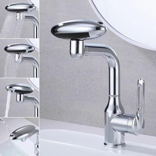 360° Drehbarer Waschtischbatterie, Wasserhahn mit vier Sprüharten, heiß und kalt Dual-Control Wasserbatterie, Waschtischarmatur für Badezimmer (Galvanisiert)