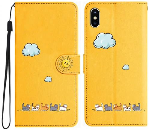 Niedlich und Schöne Geldbörse Handyhülle für iPhone XS MAX, Nette Katzen Muster Haltbares PU+TPU Leder mit Prämie Magnetisch Schließung Flip Telefon Hülle für iPhone XSMAX(Gelb)
