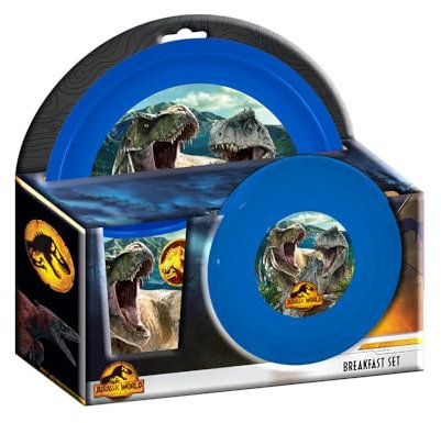 set pappa da 3 pezzi di Jurassic, composto da piatto fondo, piatto piano e bicchiere.