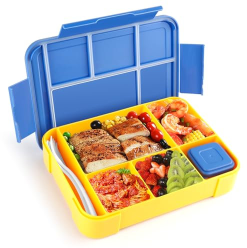 YC Kitchen Lunch Box, 1200 ml, con 5 compartimentos, antifugas Bento Lunch Box con y cubiertos, Microondas, Lavavajillas (Blue)