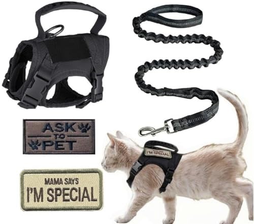 ZHHSUNY taktisches Katzengeschirr, verstellbares Haustier-Gehgeschirr mit gesticktem Logo, atmungsaktive und Anti-Escape reflektierende Schleppseil für Katzen(Schwarz)