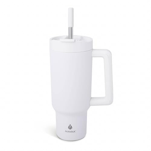 Manna Doppelwandiger isolierter Becher aus Edelstahl mit intelligentem Verschluss, Doppeltrinkdeckel und Strohhalm-Griff, 1,2 l, Leinen-Pulverbeschichtung