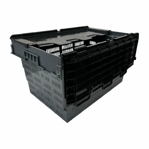 Vogue Perforated Plastic Transport Storage Crate with Attached Lid 600x400x320mm DX996 | Interlocking attached lid protects contents in transit, while food-safe build handles 20kg loads with ease.